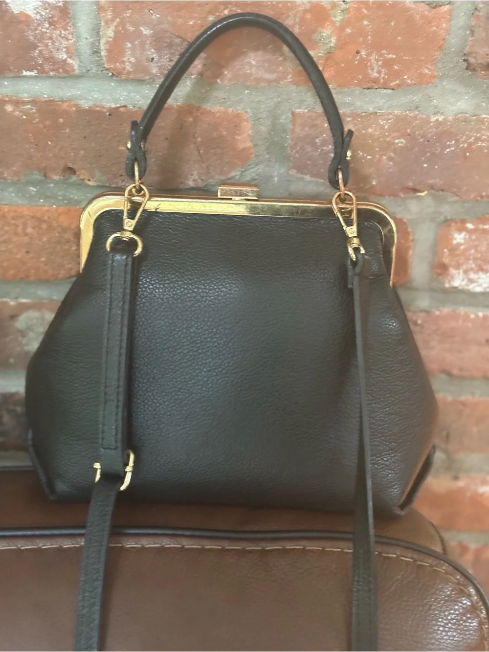 Luana Ferracuti Made in Italy Black Leather Doctor Bag/Gold Frame Satchel